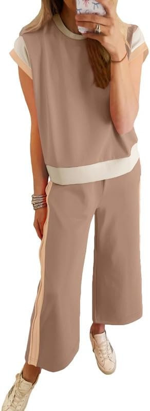SHEWIN Women's 2 Piece Lounge Sets Casual Short Sleeve Pullover Tops Matching Wide Leg Pants Trac... | Amazon (US)