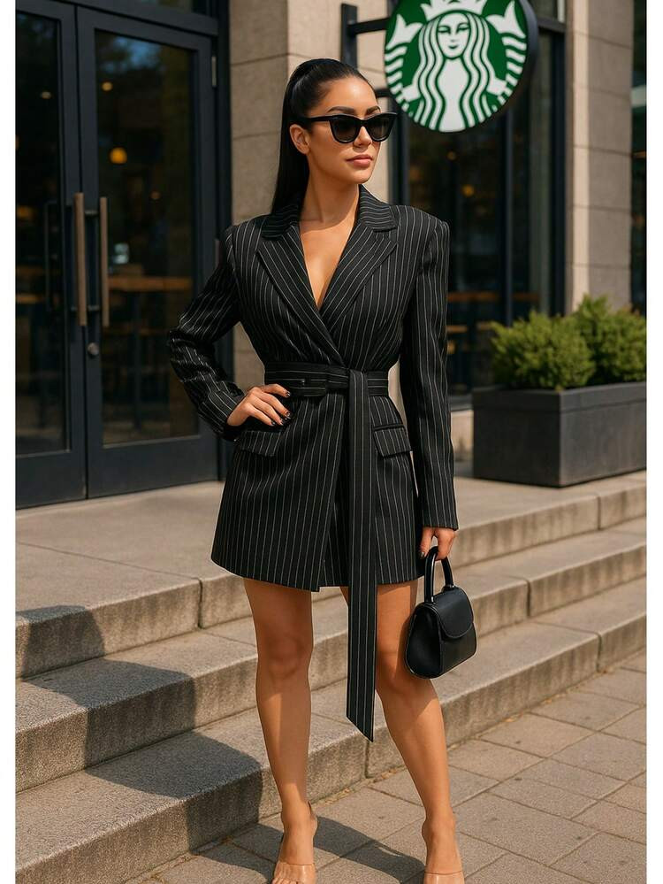 The Boss Pinstripe Blazer Dress Striped Plain Elegant Button Front Belted Pocket Office | SHEIN