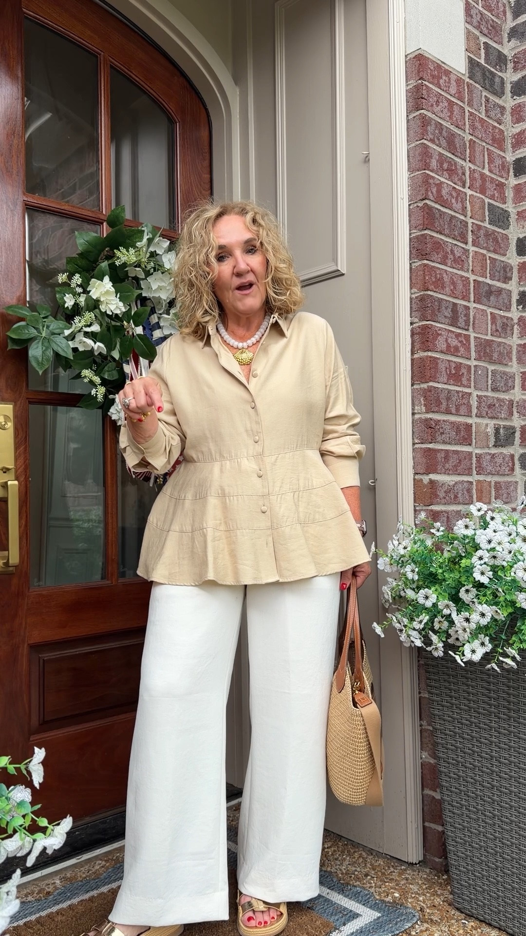 Top size med it’s so elegant 
Pants are no wrinkle wearing a size medium regular and then I have them hemmed 
I’ll link a similar gold shoe. These are getting pretty limited.

10% off my tote with code NANETTE￼

#LTKOver40 #LTKootd #LTKPetite
