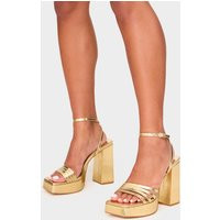 Gold PU Square Toe Strappy Block Platform Heels | PrettyLittleThing US