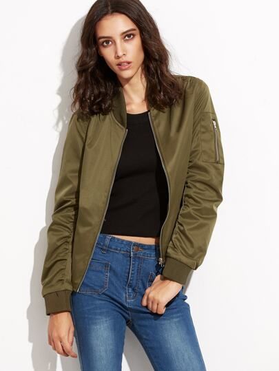 Army Green Zipper Up Flight Jacket With Pockets | SHEIN