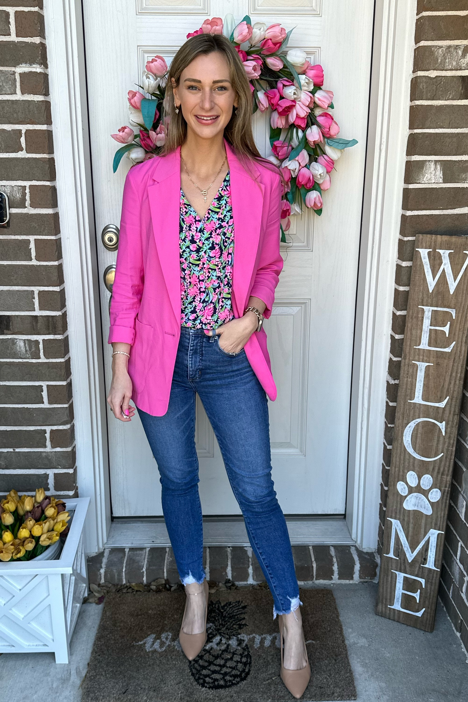 The perfect spring outfit for church or work! 
Pink blazer | Lilly Pulitzer | jeans and heels | nude heels | cross necklace 

Follow my shop @thetimelesstulip on the @shop.LTK app to shop this post and get my exclusive app-only content!

#liketkit 
@shop.ltk
https://liketk.it/41IOK

#LTKSeasonal #LTKunder100 #LTKstyletip