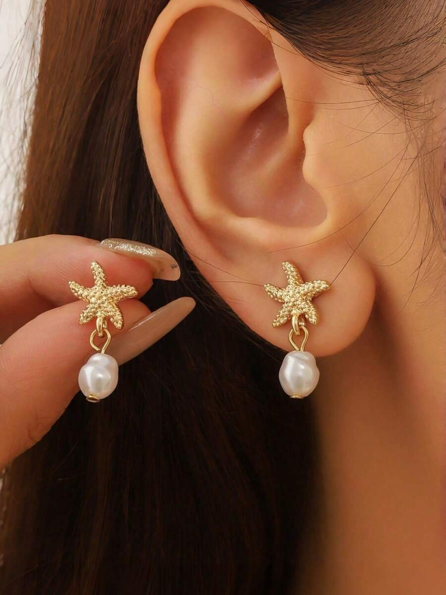 1 Pair European And American Summer New Metallic Starfish & Faux Pearl Tassel Women Earrings, Sui... | SHEIN