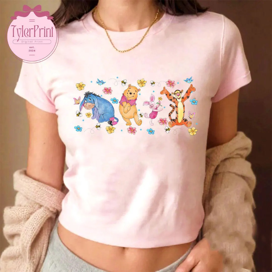 Winnie the Pooh Baby Tee Crop Top, Pooh Floral Shirt, Pooh and Friends, Piglet Tigger Eeyore Shir... | Etsy (US)