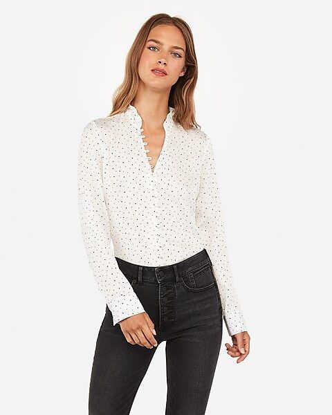 slim fit satin printed ruffle collar portofino shirt | Express