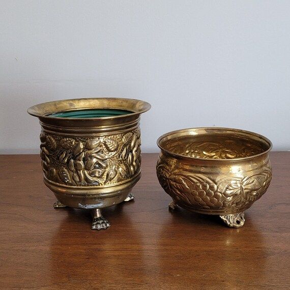 Vintage Pair of Embossed Brass Planters Footed With Floral & - Etsy | Etsy (US)