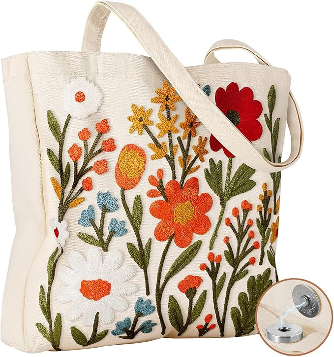 Embroidery Canvas Tote Bag for Women - Reusable Tote with Buckle Aesthetic Cute Shoulder Bag for ... | Amazon (US)