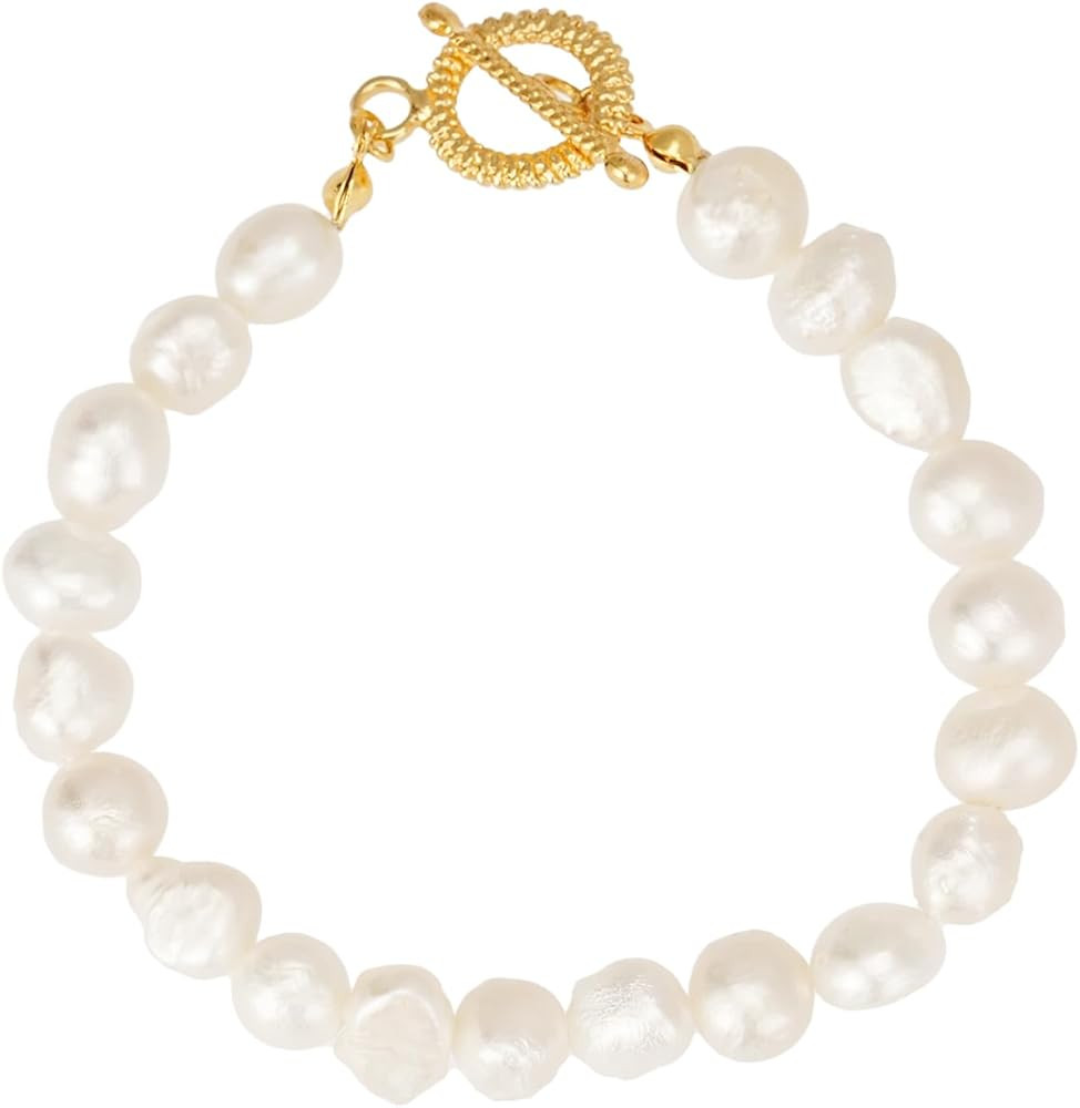 6-7mm White Freshwater Cultured Pearl Bracelet for Women Baroque Link Chain Bracelet Stretch Brid... | Amazon (US)