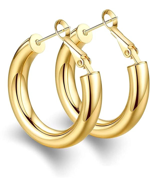 BMMYE 925 Sterling Silver Post Chunky Gold Hoop Earrings, 14K Gold Plated Earrings for Women Ligh... | Amazon (US)