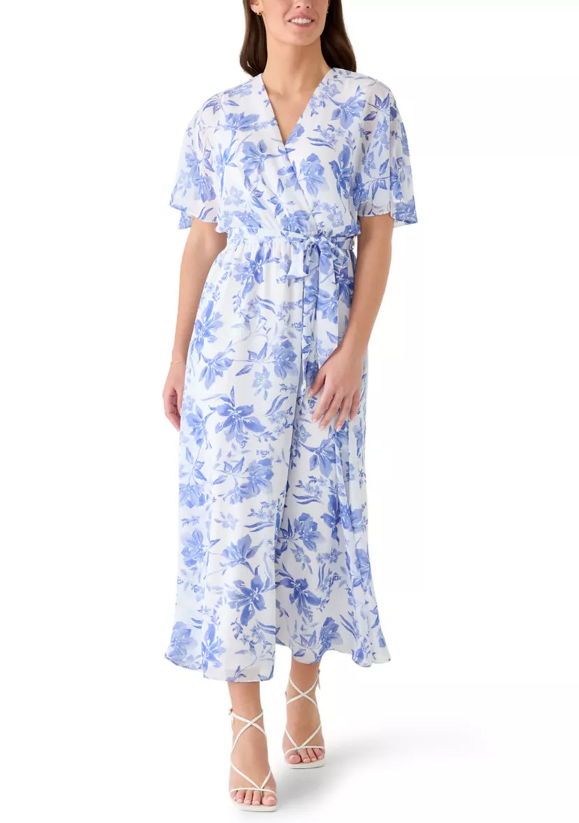 Women's Short Sleeve Pleated Floral Chiffon A-Line Dress | Belk