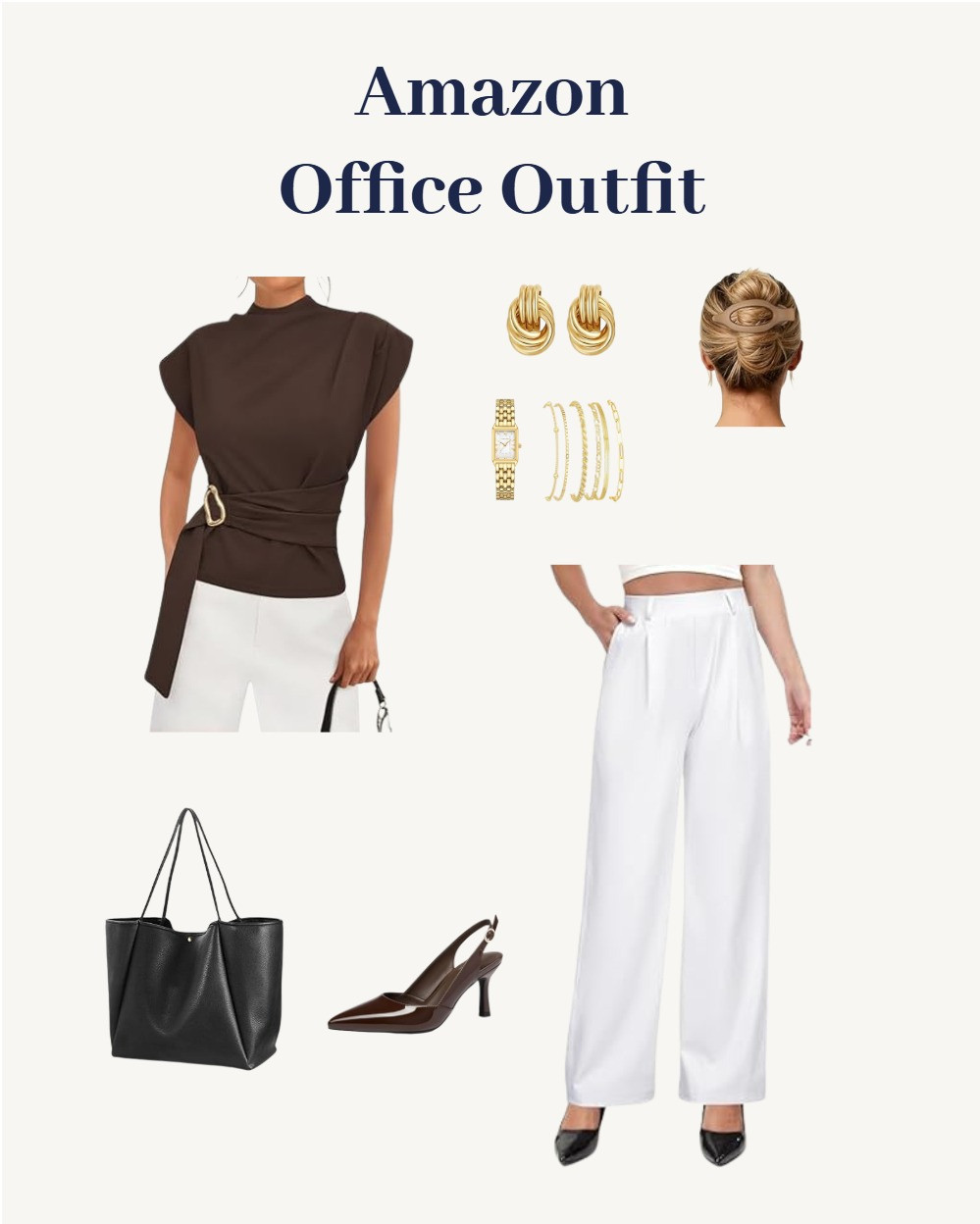 The Corporate Chic Aesthetic Elevate your office rotation with this chocolate brown silk blouse featuring delicate gold hardware accents, perfectly tucked into high-waisted white tailored trousers. 

business casual, office outfit, corporate chic, workwear inspiration, quiet luxury, old money aesthetic, power dressing, white trousers, neutral outfit, professional style, 9 to 5 style, capsule wardrobe, elegant workwear, chic office look #LTKworkwear.

amazon office finds, workwear essentials, affordable luxury, office siren, career girl aesthetic, corporate girlie, sophisticated style, brown and gold aesthetic, boss babe, 2026 career goals, 2026 vision board, manifestation, dream job energy, coffee run, productive morning, career growth, soft office aesthetic, minimalist, timeless fashion. 

 #LTKWorkwear