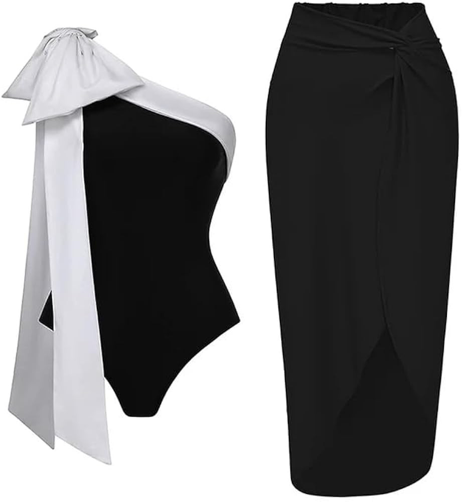 One Shoulder Black and White Big Bow Tie Color Block One Piece Vacation Beach Swimsuit and Skirt | Amazon (US)