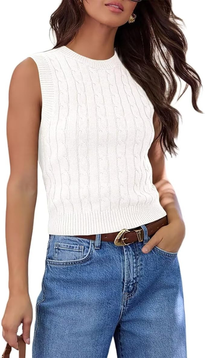 Ezbelle Women's Summer Crop Shirts Sleeveless Tops Cable Knit Tank Work Sweaters Vest Trendy Outf... | Amazon (US)