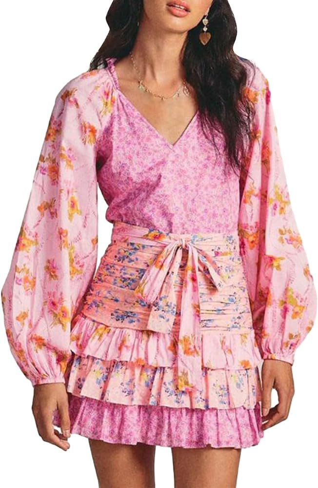 Womens Boho Long Sleeve Short Dress Puff Long Sleeve V Neck Layered Hem Ruffle Dress Floral Cockt... | Amazon (US)