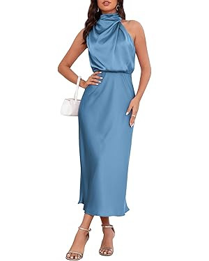Women's 2025 Summer Satin Dress Elegant Formal Sleeveless Mock Neck Wedding Guest Cocktail Party ... | Amazon (US)