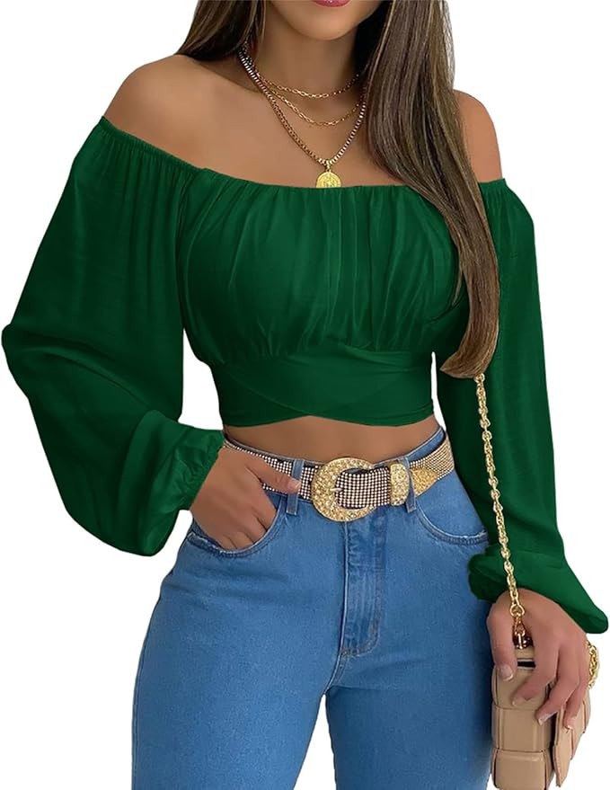 MIRACMODA Woman Off Shoulder Ruched Tie Back Crop Top Summer Lantern Sleeve Boho Shirt Blouse | Amazon (US)