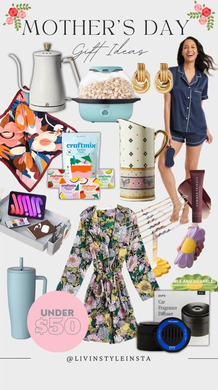 All of these items are great Mother’s Day ideas AND they are under $50! Counter top electric kettle, a beautiful scarf, popcorn maker, knot earrings, satin pajamas in multiple color/pattern options, cocktail mixers, they prettiest pitcher, everyone’s favorite Summer Fridays lip gloss, a bedside tray for all of her evening necessities, a beautiful lightweight robe, personalized bracelet, adorable floral trivets, spill-proof Brumate for her warm and cold drinks and a Pura scent diffuser for her car!

#LTKGiftGuide #LTKfindsunder50 #LTKfamily