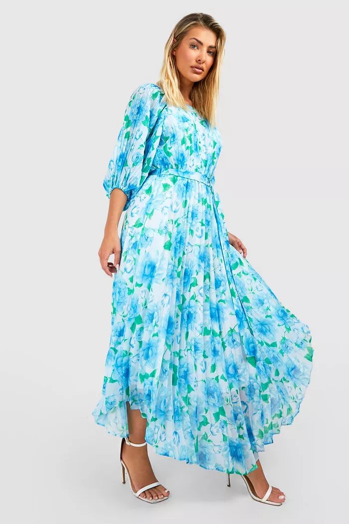 Floral Pleated Puff Sleeve Midi Dress | Boohoo.com (US & CA)