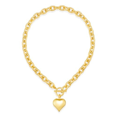 FAUTHENTICUTE Chunky Gold Heart Necklaces for Women Gold Thick Chain Necklace With Toggle Clasp And Big Puffy Heart Pendant Gold Statement Necklaces | Amazon (US)