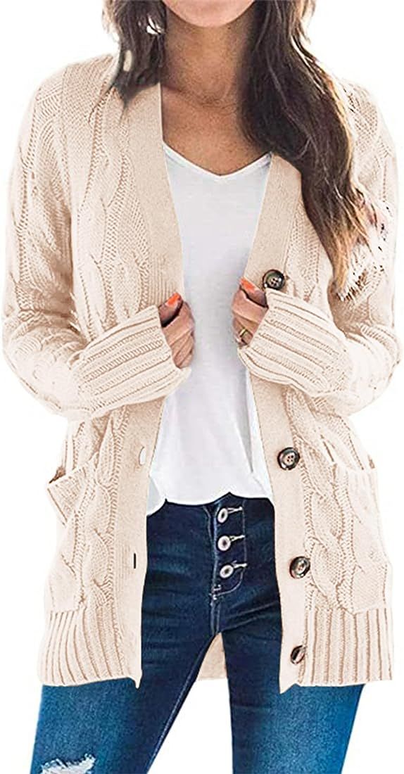 Women's Open Front Cardigan Sweaters Fashion Button Down Cable Knit Chunky Outwear Coats | Amazon (US)