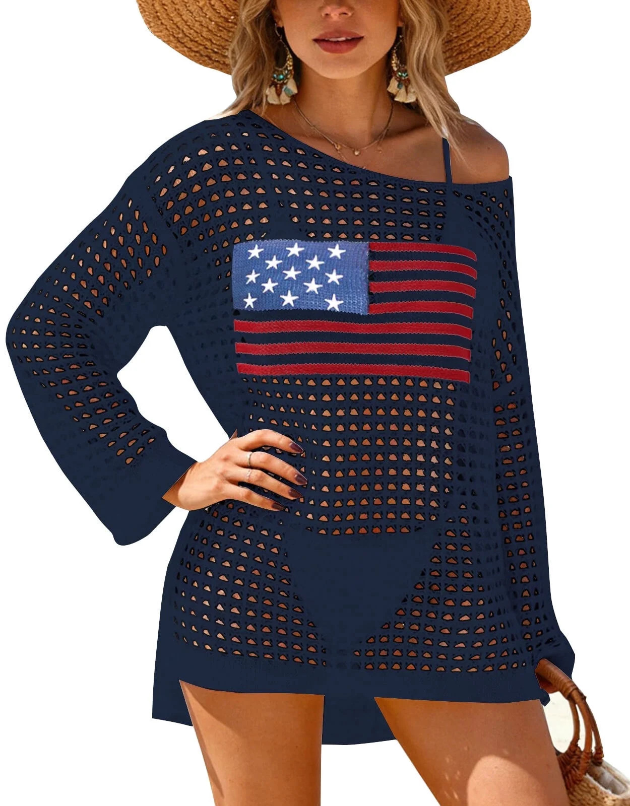 Beach Cover Up for Women Bathing Suit Coverup American Flag Printed Long Sleeve Crochet Hollow Ou... | Walmart (US)