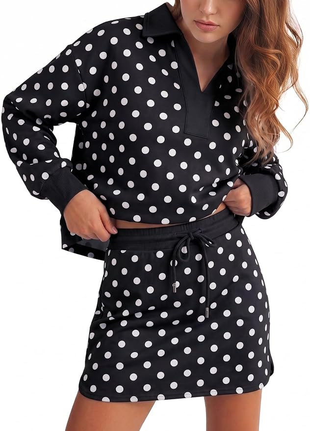 Fisoew Womens Polka Dot 2 Piece Outfits Casual Long Sleeve Sweatshirt Skirt Set Workout Skort Set... | Amazon (US)
