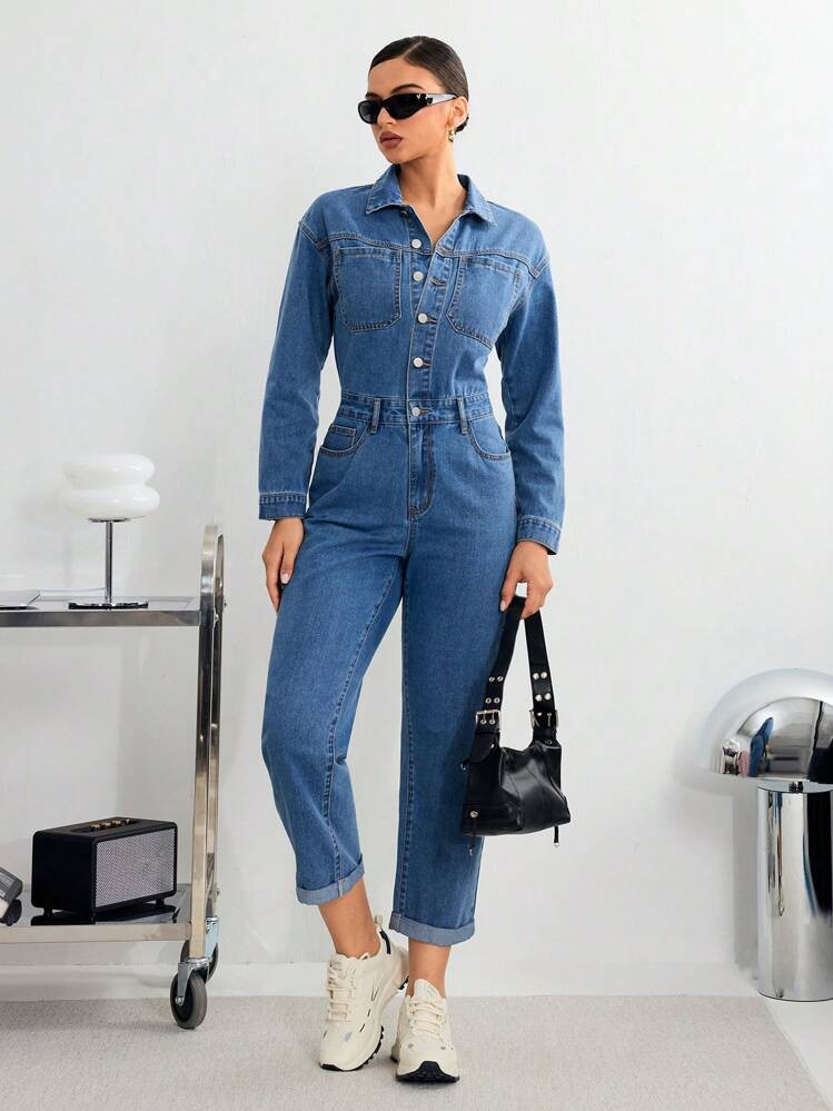 SHEIN Essnce Women's Solid Color Front Button Pocket Long Sleeve Denim Jumpsuit | SHEIN