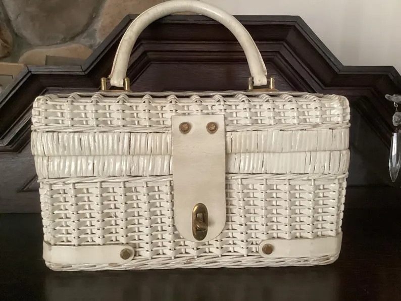 Vintage White WICKER BOX PURSE Rectangular Box Purse With Leather Accents and Handle 1950s Wicker... | Etsy (US)