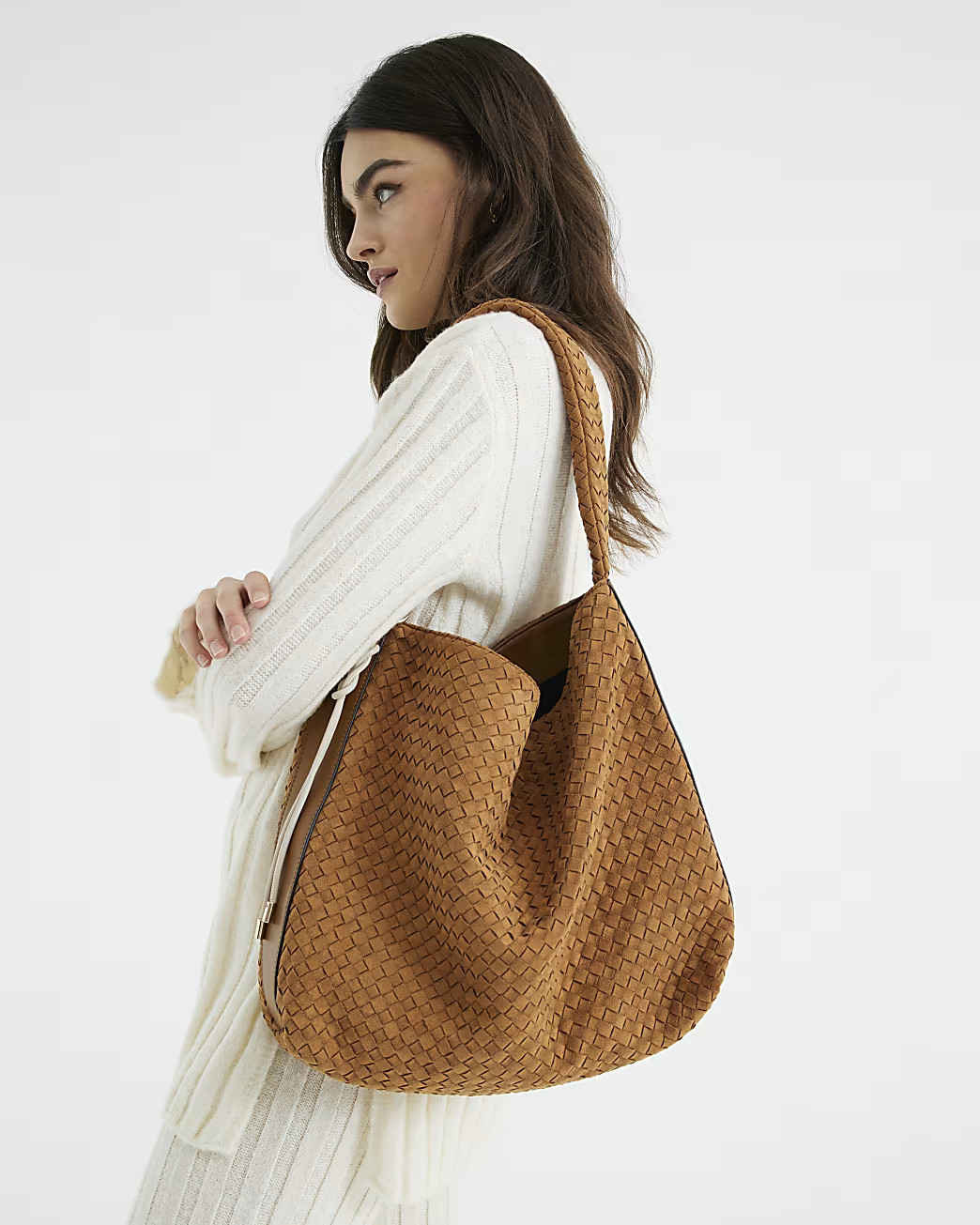 Brown Suedette Woven Shoulder Bag | River Island UK & IE