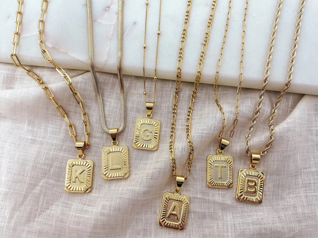 18K GOLD FILLED Initial Necklace, Square Initial Letter Necklace, Gold Rectangle Initial, Gold Me... | Etsy (US)