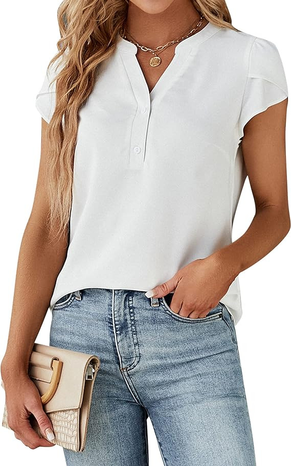 Blooming Jelly Women's Dressy Casual Tops Business Work Blouses Button Down Shirts Cap Sleeve V N... | Amazon (US)