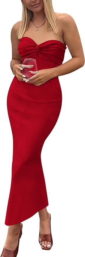 PRETTYGARDEN Women's Bodycon Long Dresses Summer Strapless Tube Twist Knot Front Ribbed Knit Maxi... | Amazon (US)