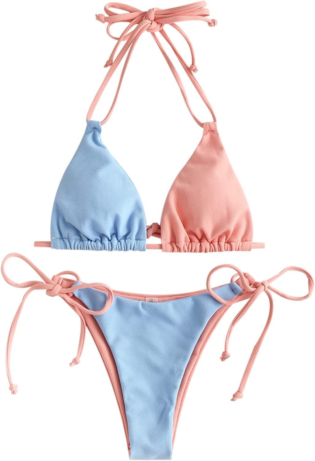 ZAFUL Women's Halter Triangle Bikini Ribbed String Smocked Swimwear Cheeky Thong Swimsuit High Cu... | Amazon (US)