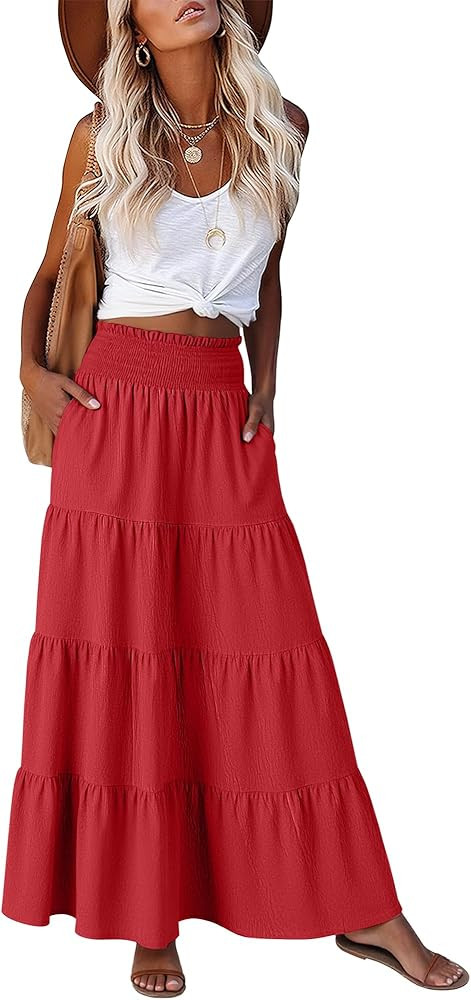 ANRABESS Womens Maxi Skirts, Elastic High Waist A-Line Tiered, Long Flowy Boho Skirts, Summer Cas... | Amazon (US)