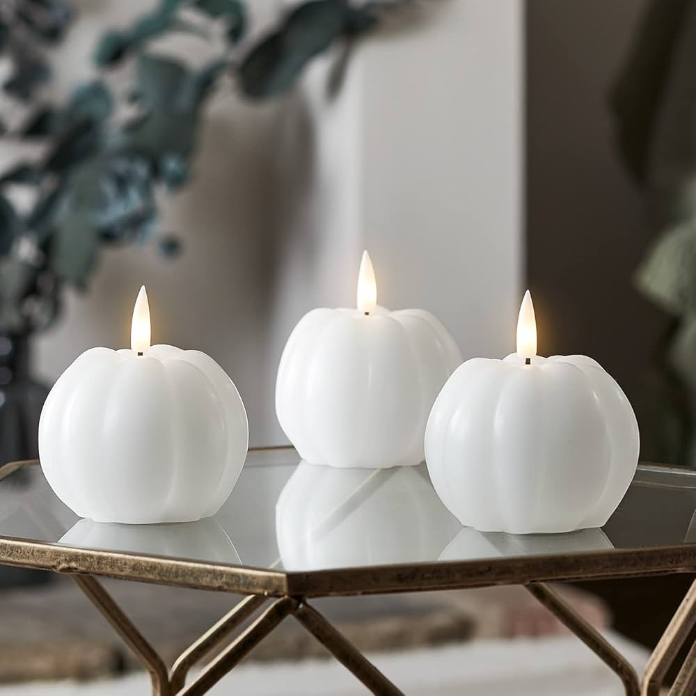 Lights4fun, Inc. Set of 3 TruGlow White Pumpkin Wax Flameless LED Battery Operated Candles with R... | Amazon (US)