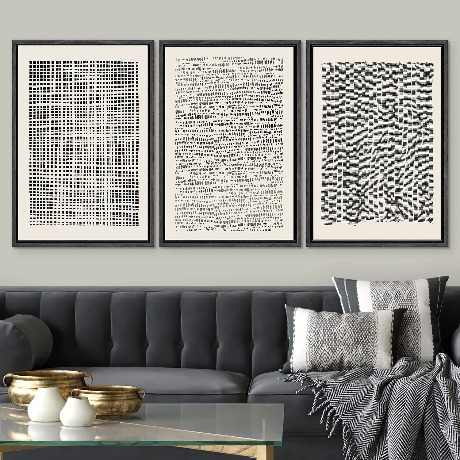 IDEA4WALL Geometric Dark Black Grid Wave Pattern Abstract Shapes Cozy Neutral Framed On Canvas 3 ... | Wayfair North America