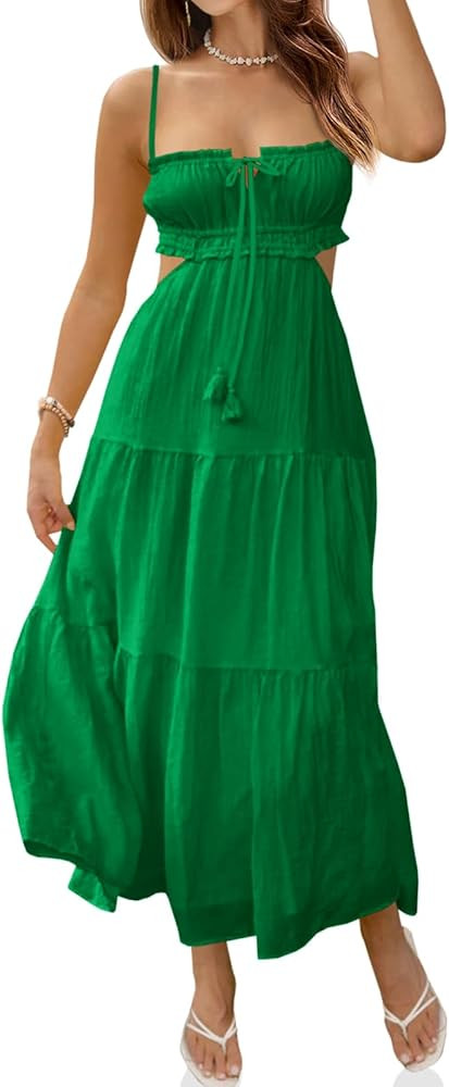 Amazon.com: Fisoew Women's Spaghetti Strap Maxi Dress Summer Sleeveless Side Cut Out Dress Casual... | Amazon (US)