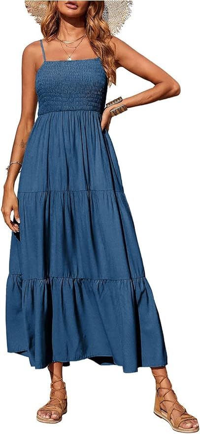 PRETTYGARDEN Womens Spaghetti Strap Smocked Tiered Long Beach Sun Dress | Amazon (US)