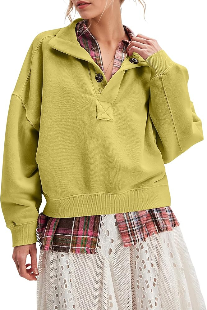 Mock Neck Sweatshirts for Women Oversized Button Fleece Henley Pullover Tops 2025 Casual Long Sle... | Amazon (US)