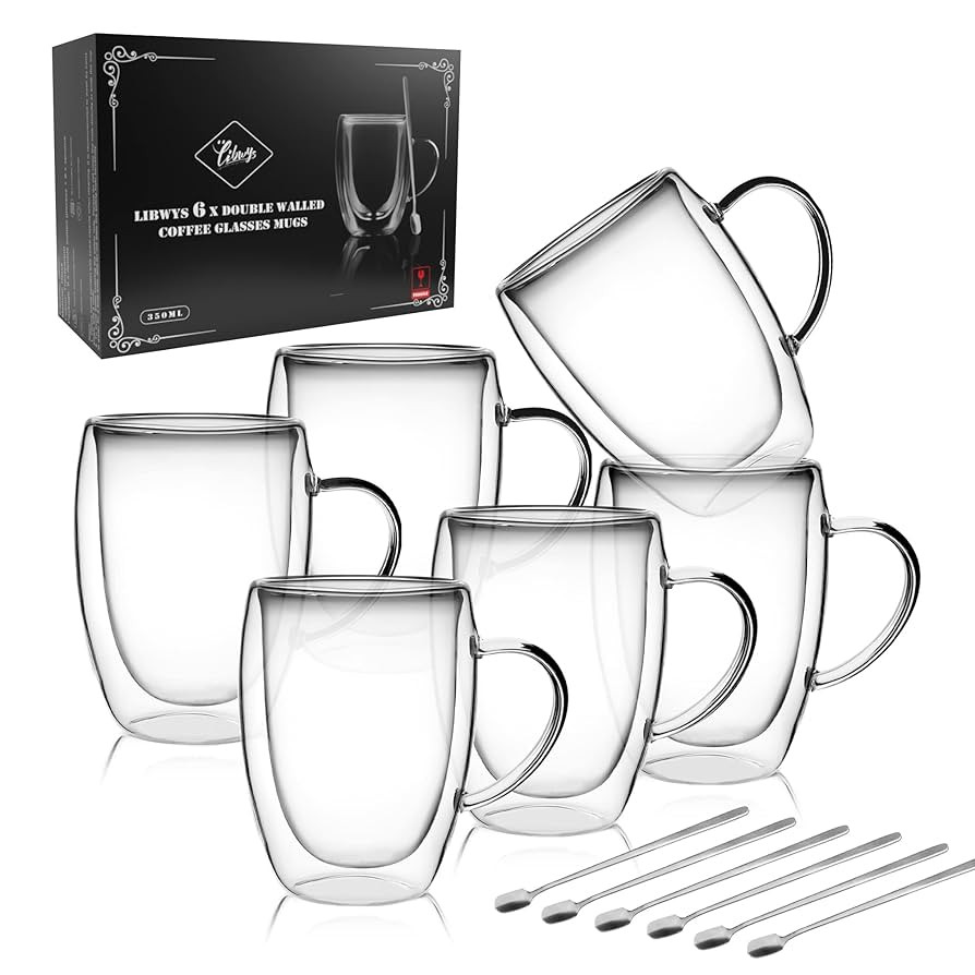 LIBWYS 6 Pack Double Walled Coffee Cups Glasses Mugs, 12oz Espresso Cappuccino Latte Tea Cups wit... | Amazon (US)