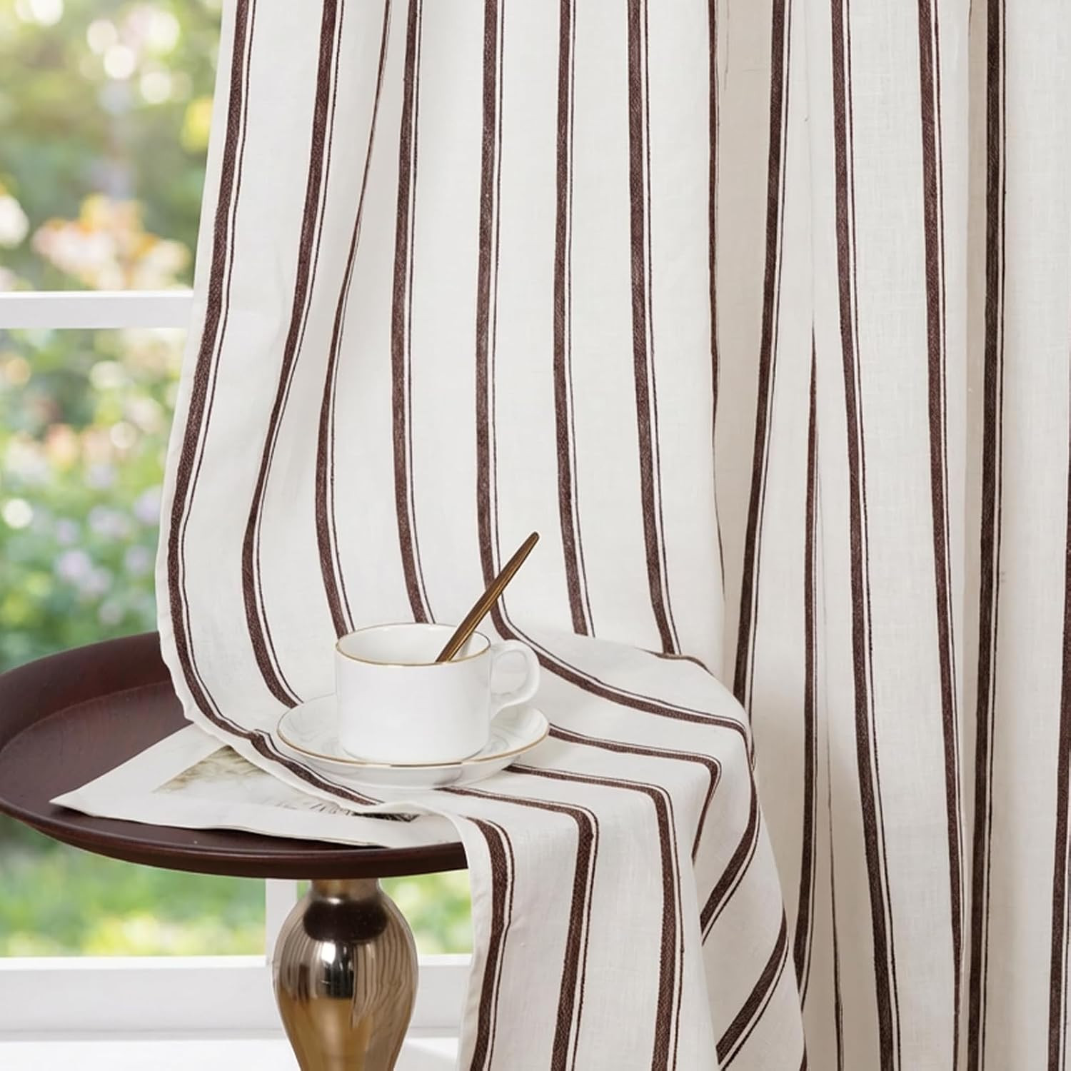 100% Linen Striped Curtains for Living Room, 52 x 96 Inch Rod Pocket Window Curtain for Sliding Glass Door Bedroom Dining Room 1 Panel, Coffee | Amazon (US)