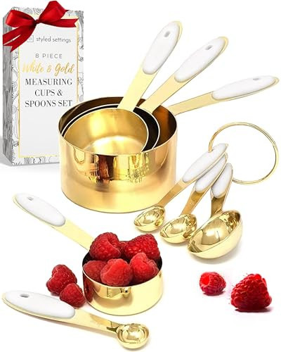 White & Gold Measuring Cups and Spoons Set - 8PC Stackable Stainless Steel Measuring Set - Stylish White and Gold Kitchen Accessories for Precise Baking & Cooking, Ideal Gift for Bakers & Home Chefs | Amazon (US)