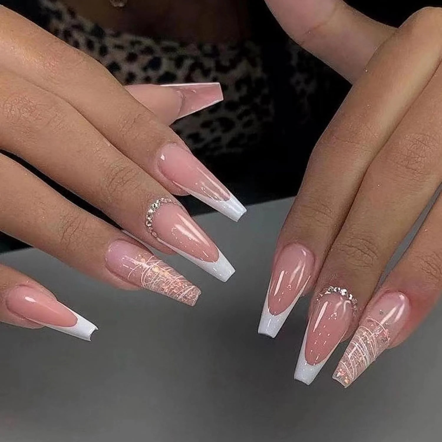 Press on Nails Long Coffin Fake Nails Glossy Glue on Nails White French Tip Acrylic Nails Balleri... | Walmart (US)