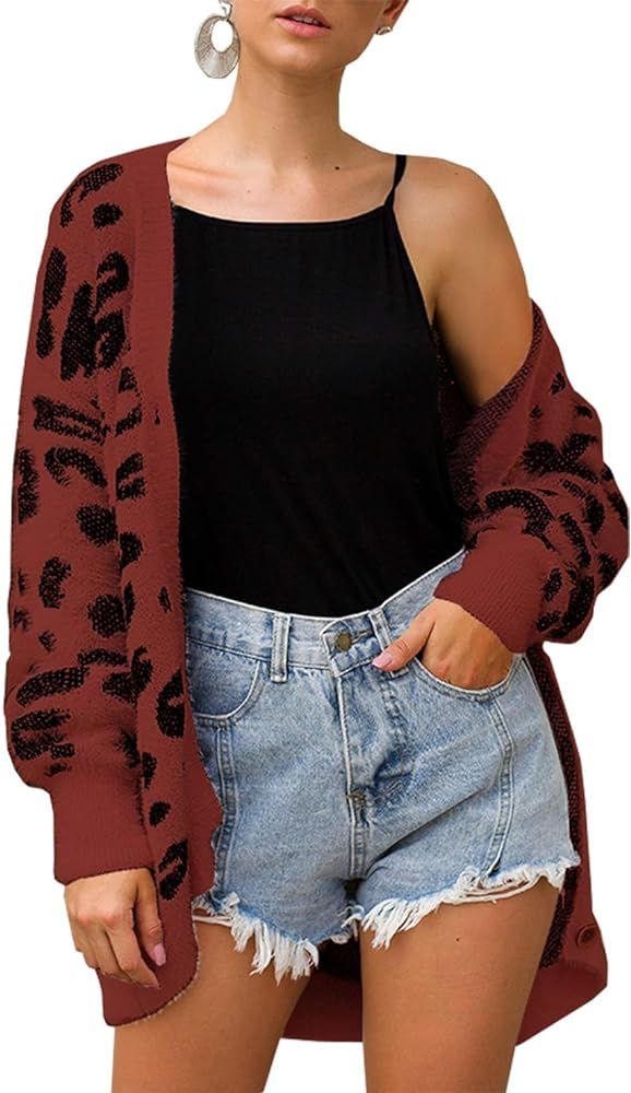 Women Fashion Leopard Print Button Down Long Sleeve Soft Loose Knit Sweater Cardigan Coat Fall Wi... | Amazon (US)
