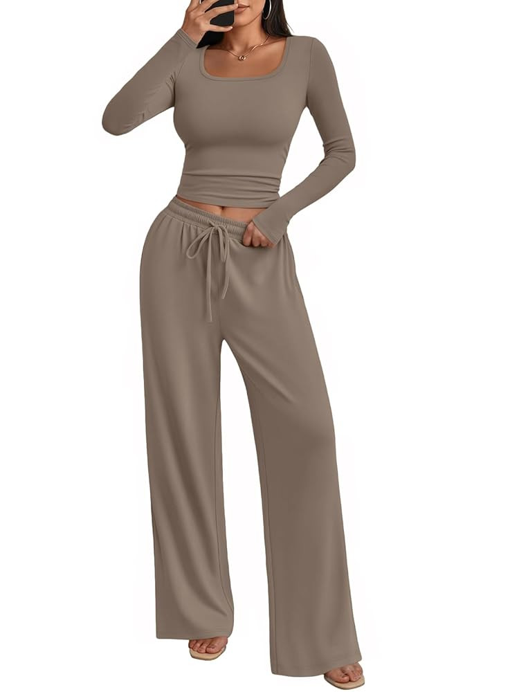 Trendy Queen 2 Piece Scoop Neck Lounge Set Womens Wide Leg Pants Side Ruching Slightly Crop Top S... | Amazon (US)