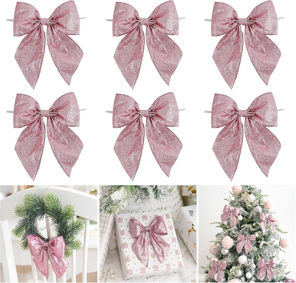 AIMUDI Pink Glitter Wired Ribbon Bows with Twist Tie 5.5" Premade Metallic Christmas Bows for Gif... | Amazon (US)