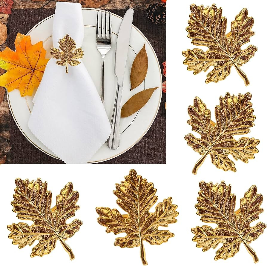Fall Leaf Napkin Rings Set of 12, Gold Napkin Holders for Thanksgiving, Autumn, Harvest, Winter H... | Amazon (US)