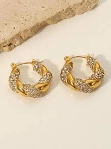 1pair Glamorous Stainless Steel Cubic Zirconia Decor Twist Detail Hoop Earrings For Women For Ear... | SHEIN