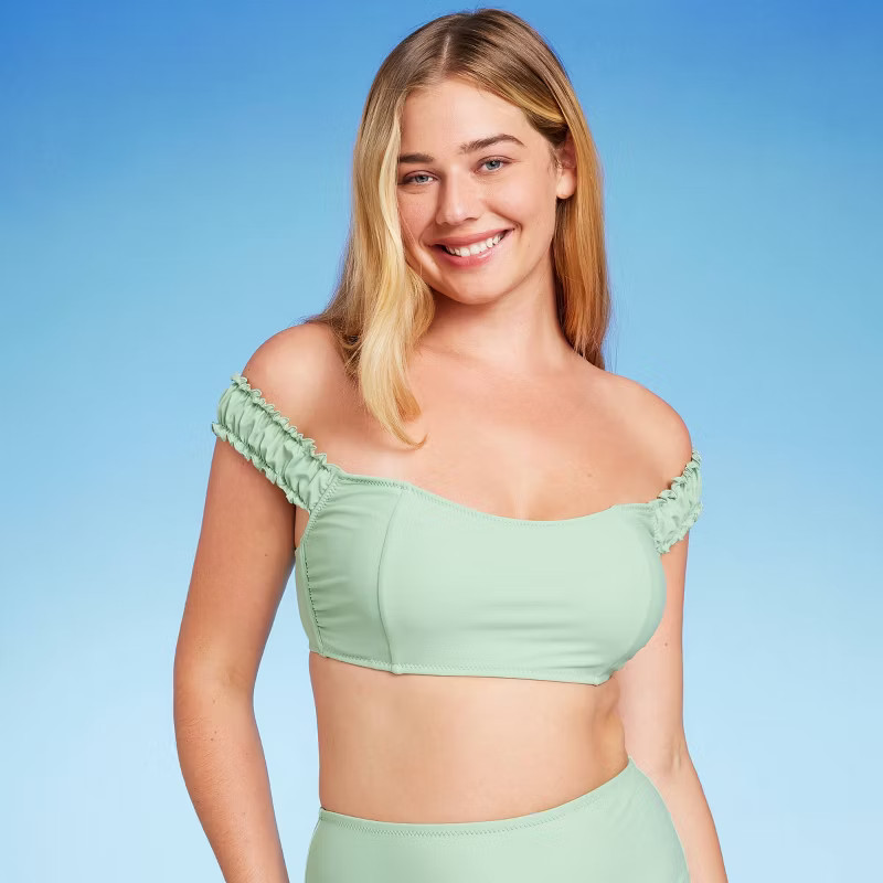 Women's Shirred Off the Shoulder Bralette Lace-Up Bikini Top - Shade & Shore™ Light Green | Target