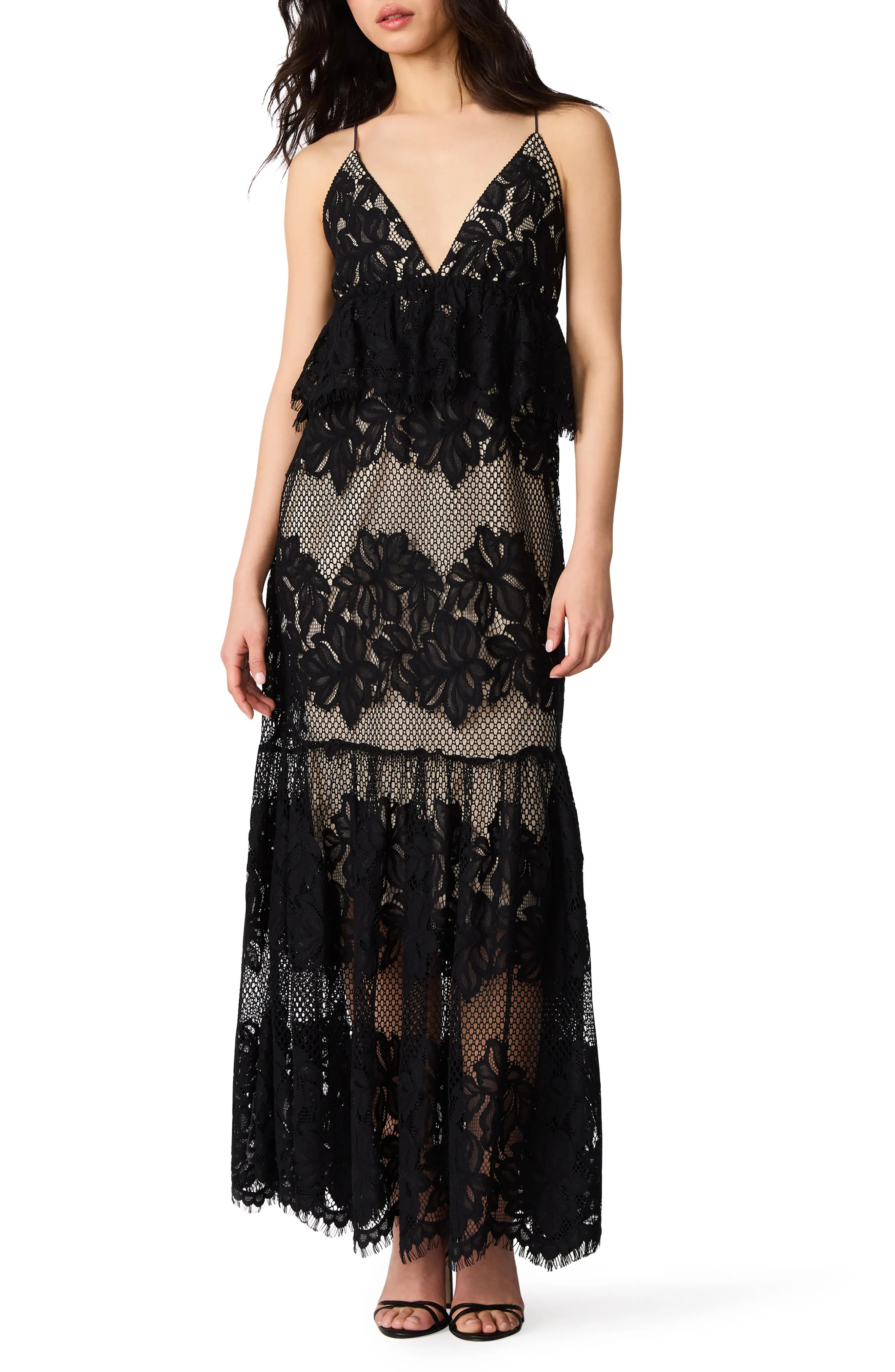 Steve Madden Annette Lace Embroidered Tiered Maxi Peplum Dress in Whisper White at Nordstrom, Size 16 | Nordstrom